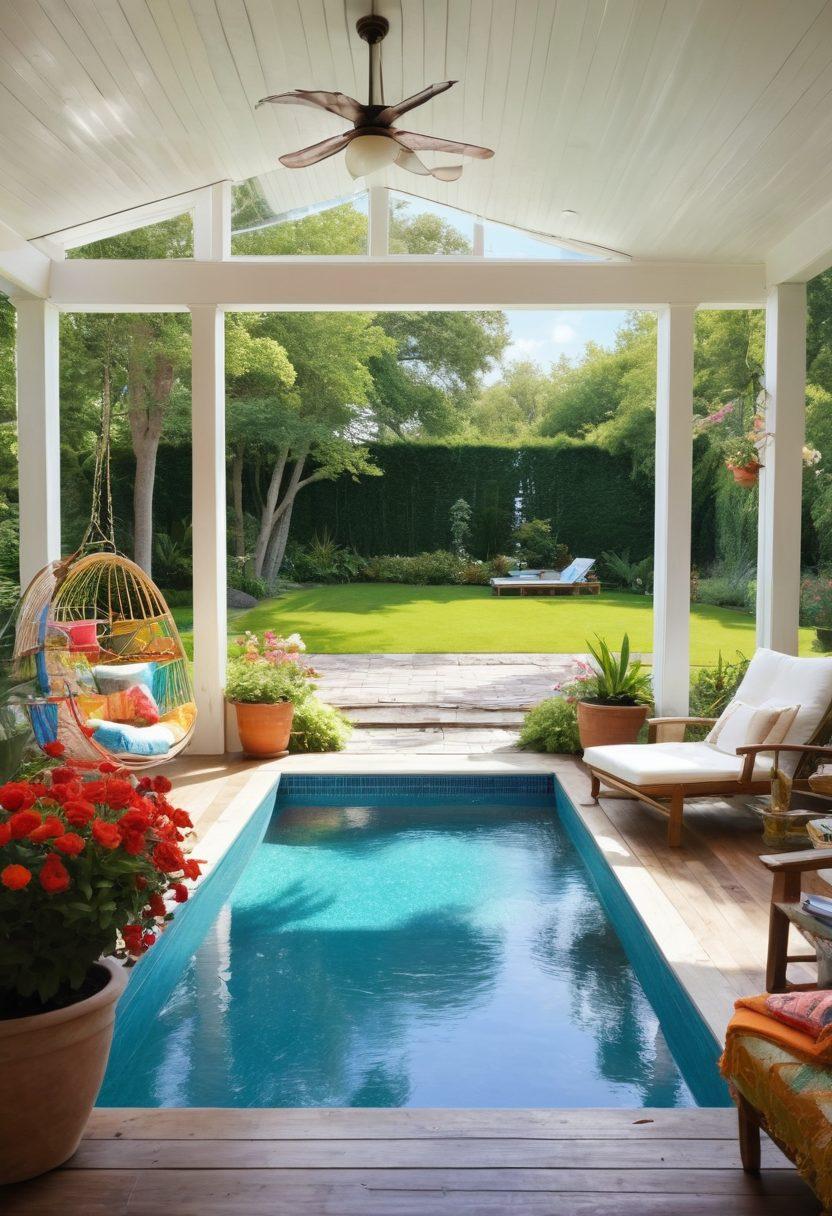 A bright and inviting summerhouse surrounded by colorful flowers and lush greenery, featuring a cozy porch with hammocks and a sunny sky overhead. Inside, large windows showcase a warm, inviting interior filled with cheerful decor like beach motifs and comfortable furniture. Include elements of relaxation like a picnic area, outdoor games, and a sparkling blue pool nearby. The overall vibe should feel serene yet vibrant, perfect for a vacation retreat. super-realistic. vibrant colors. sunny day.