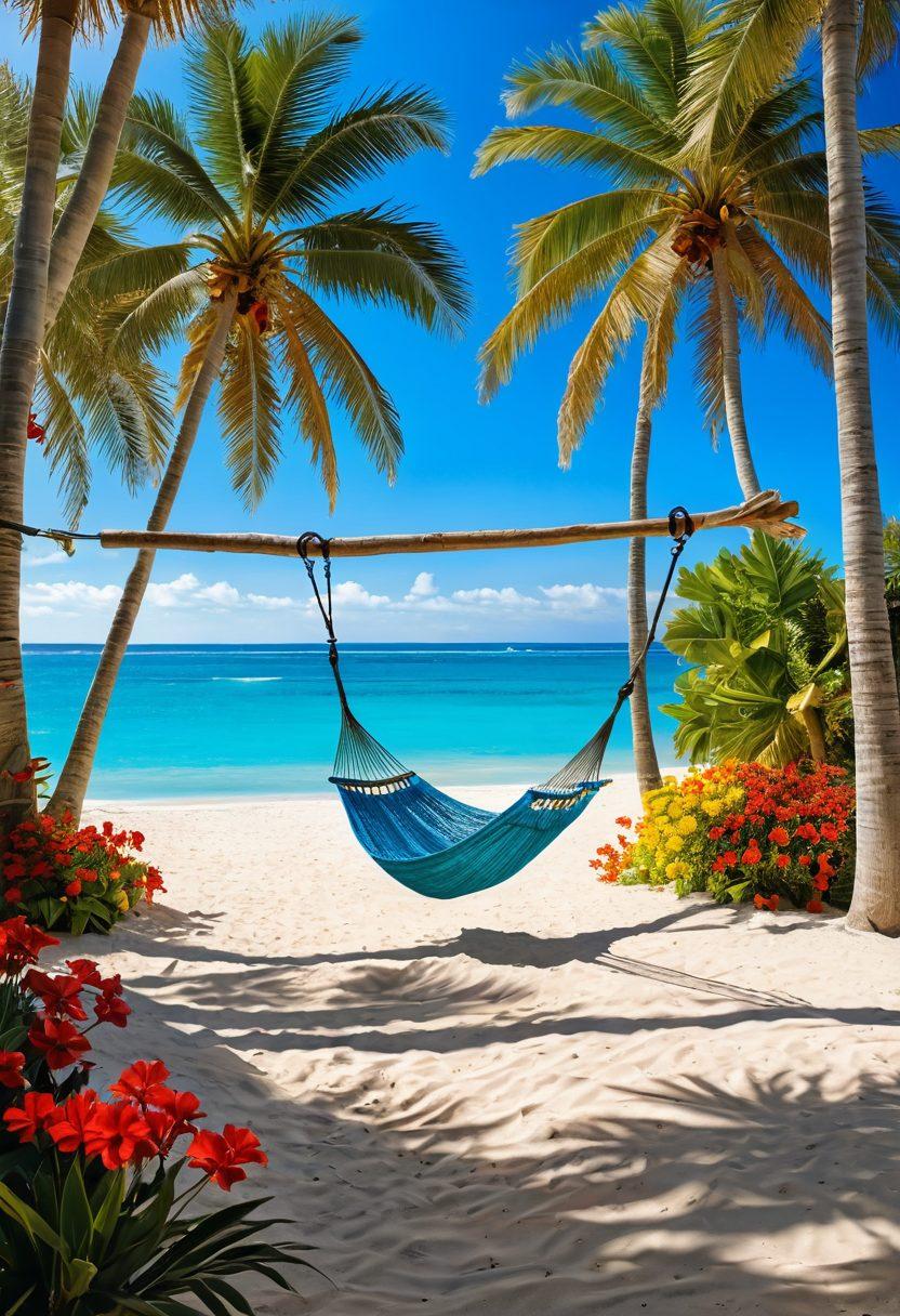 A serene beach scene featuring a sunny holiday home with large windows, surrounded by palm trees and vibrant flowers. A hammock swings gently between two trees, while a cup of coffee sits on a wooden deck. Clear blue skies and gentle waves enhance the calm atmosphere. Add soft sunlight filtering through the trees for a tranquil feel. super-realistic. vibrant colors.