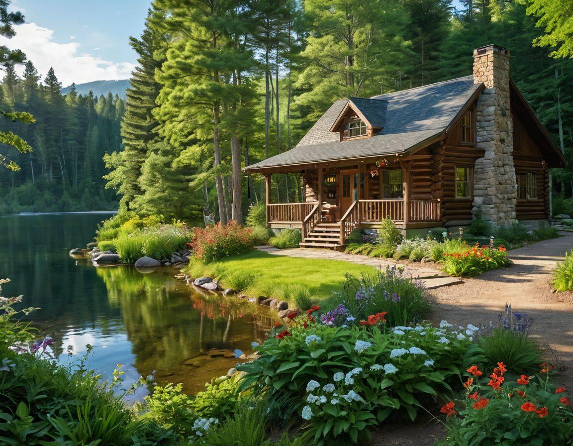 A serene family cabin nestled in a lush green forest, with children playing outside and parents relaxing on a porch with a scenic view. Soft sunlight filters through the trees, casting warm glows on a small garden with colorful flowers. An inviting pathway leads to a sparkling lake in the background, perfect for family adventures. The scene radiates comfort and tranquility, evoking feelings of connection and nature. vibrant colors. super-realistic.